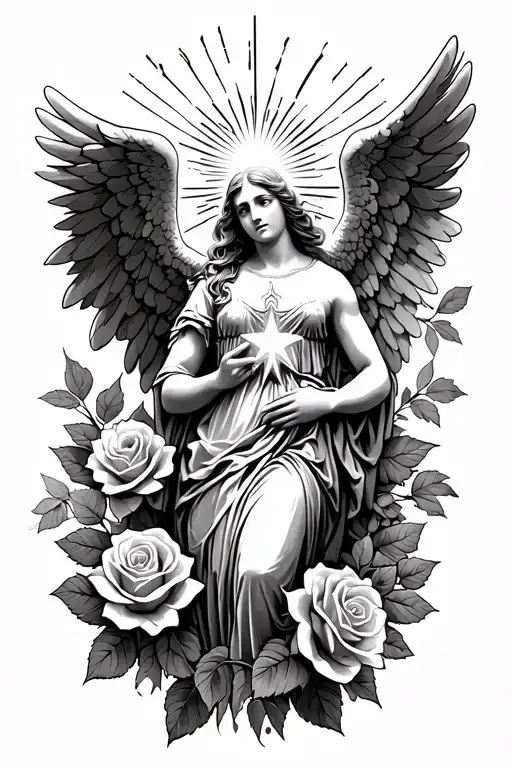 Roses And Leaves With An Angel Holding A Bright Star With Light Rays Emitting From The Star