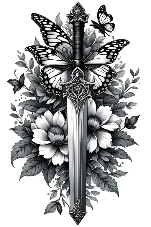 Sword With Butterfly And Flowers
