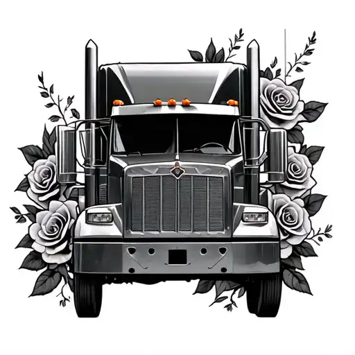 Driverside Semi Truck Details Intertwined With Roses Around It