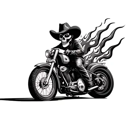 Cowboy Hat Wearing Skull On A Motorcycle Riding With Flames