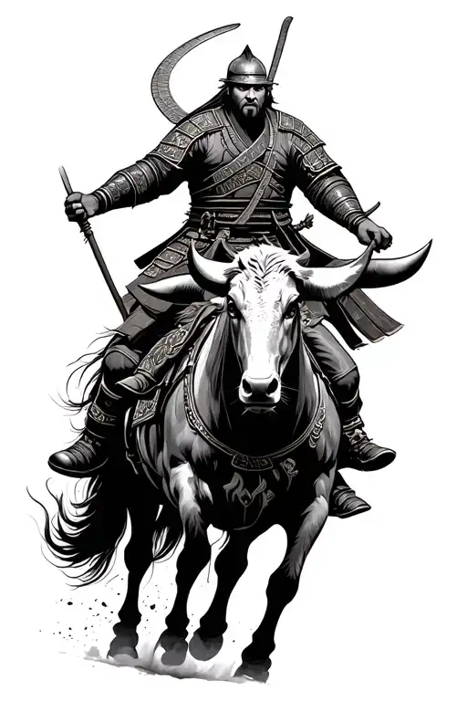Ox And Japanese Samurai Warrior Riding
