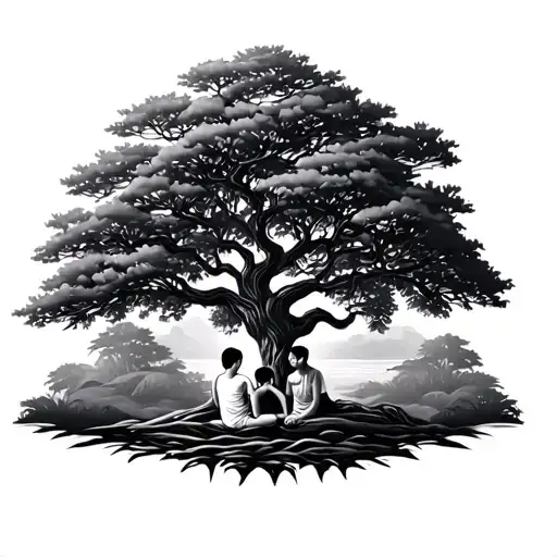 Banyan Tree With Two Children Sitting Together