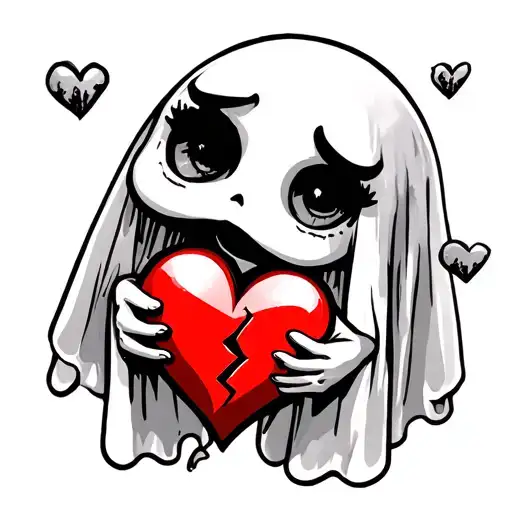 Sad Cute Ghost Holding A Broken Heart Tattoo Design Combining Elements