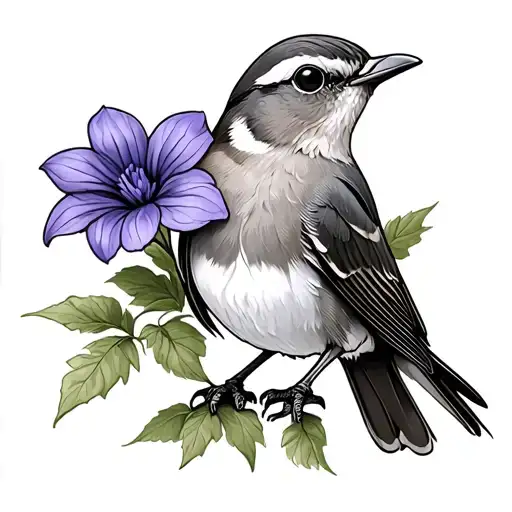 A Robin Holding A Violet Flower With His Feet