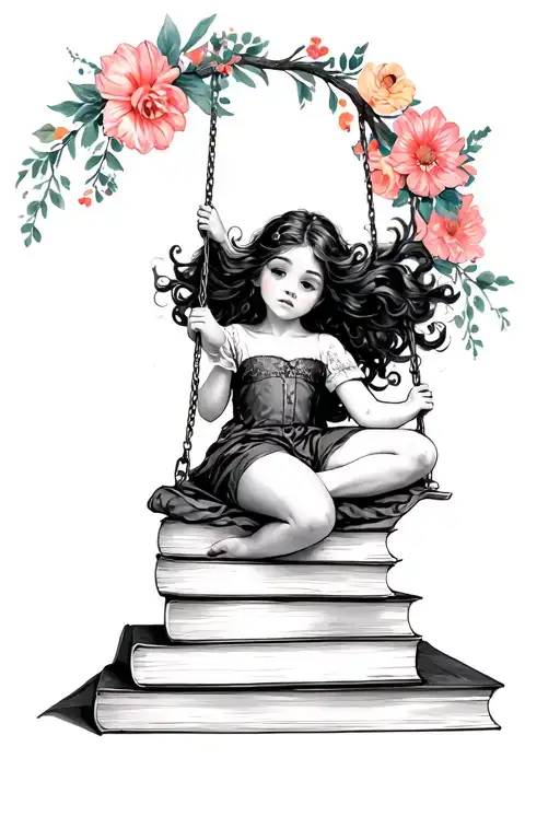 Stack Of Books Surrounded By Florals Girl Swinging From The Bottom