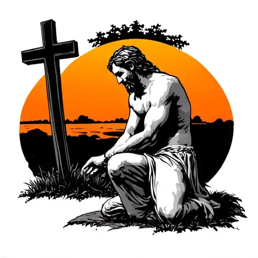 Guy Kneeling Before The Cross With Sunset Scene