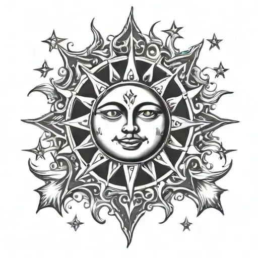 Sun Outline With Moon And Stars In The Centre
