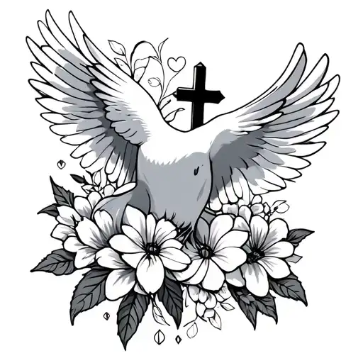 Dove With Cross Flowers And Heart