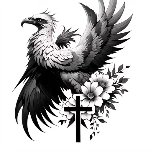 Phoenix With Cross Flowers And Heart