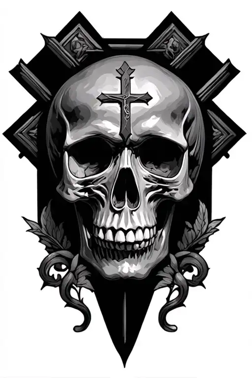 Skull Soft Shading Incorporating Elements Of A Crucifix And Full Forearm
