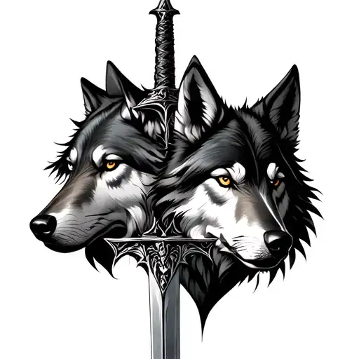 Twin Wolf Heads Above Sword
