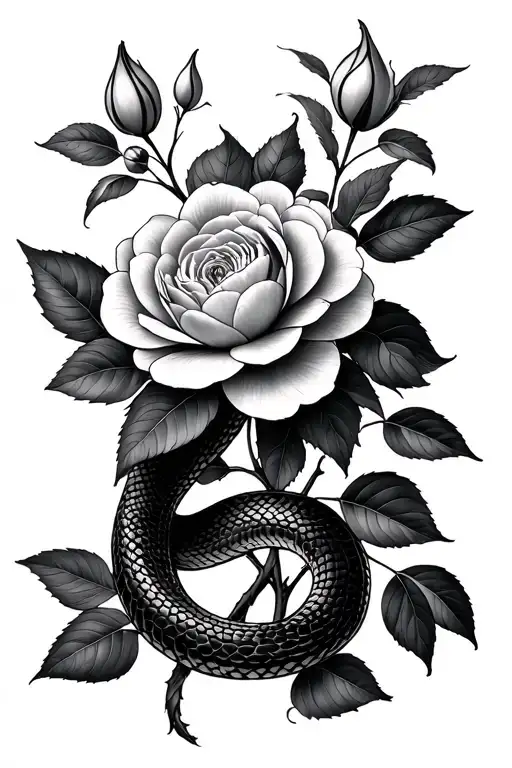 Camellias With Leaves And Snake Wrapped