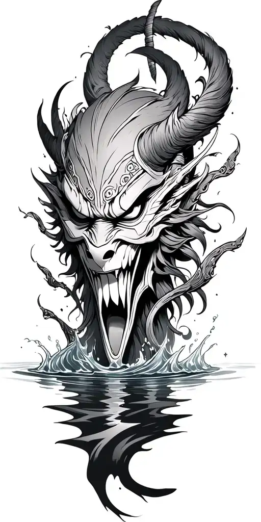 Oni Mask Katana Emerging From Water Representing Overcoming Your Demons