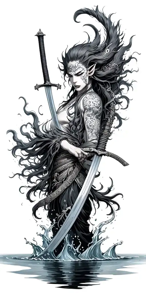 Oni And Katana Emerging From Water Representing Overcoming Your Demons