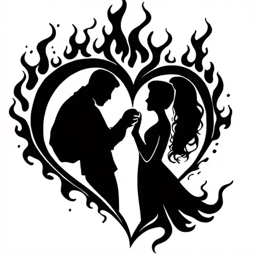 A Heart On Fire With A Couple Kissing Inside Of It