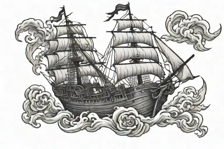 Pirate Ship Fighting A Crackon Chest Tattoo Design
