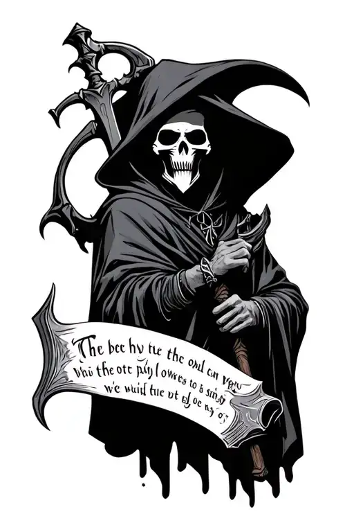 Grim Reaper With Hoodie And Bible Verse Written Behind Him Hold Death Scyth