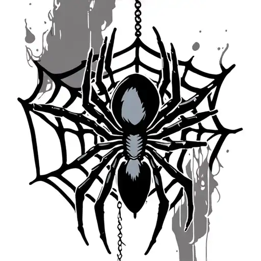 Black Work Black Widow Tattoo With The Spider Hanging From Web For Shoulder On Male