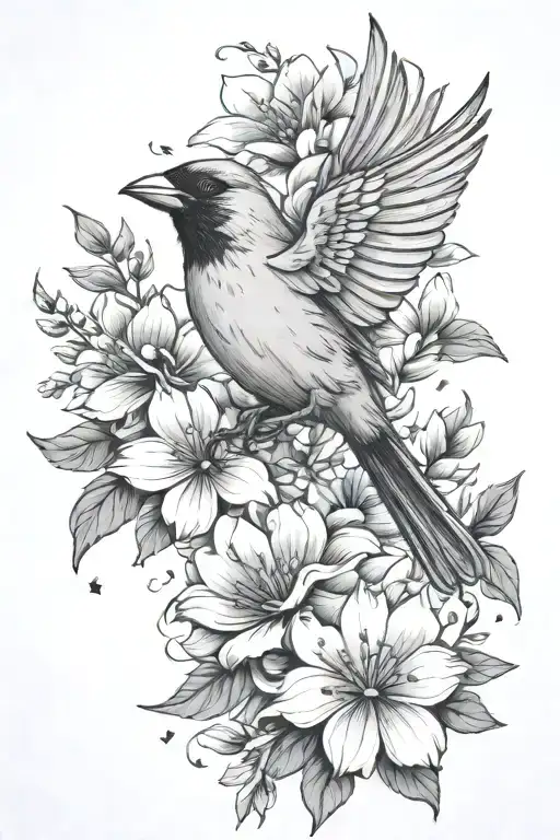 Flying Cardinal In Flowers Surrounding