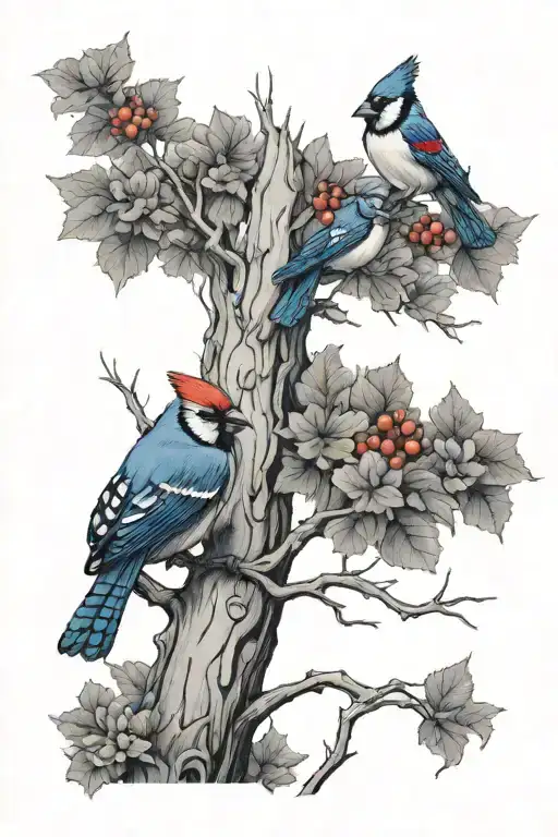 Tree With Cardinal And Blue Jay Perched