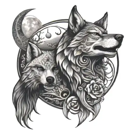 Moon And Skull And Wolf In One With Mandala