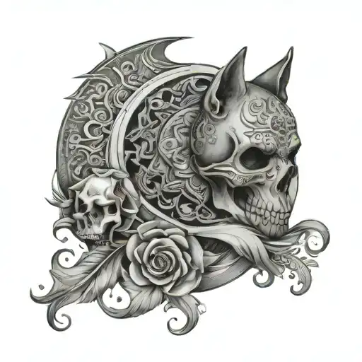 Half Moon As Main Piece And Skull And Wolf In One With Mandala