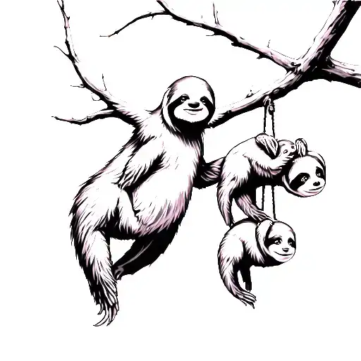 Mom Sloth With Three Babies Hanging From Tree