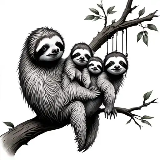 Mom Sloth With Three Babies Hanging From Tree Branch