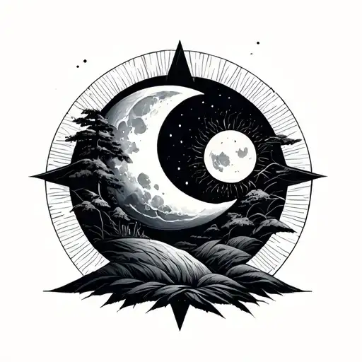 Geometric Design Featuring Nature With Sun And Moon Representing Dark And Light