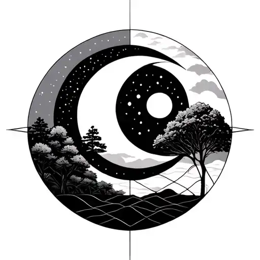 Geometric Design Featuring Nature With Sun And Moon Representing Dark And Light