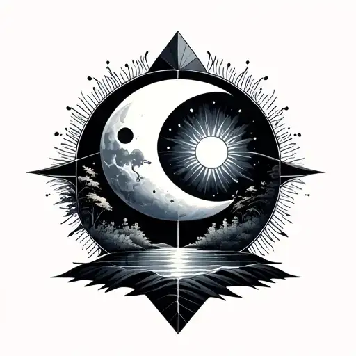Geometric Design Featuring Nature With Sun And Moon Representing Dark And Light