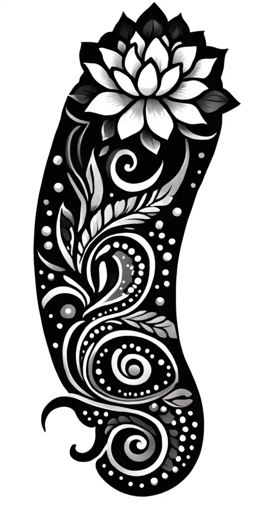 Dot Work And Mandala Design Incorporating Lotus Flower With Swirls And Paisley Patterns