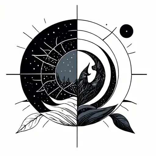 Geometric Design Featuring Nature With Sun And Moon Representing Dark And Light
