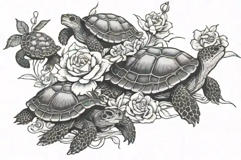 Four Turtles With Flowers Around Two Of Them