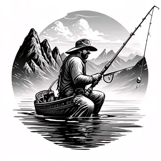 Fishing With Mountains In Background Black And White