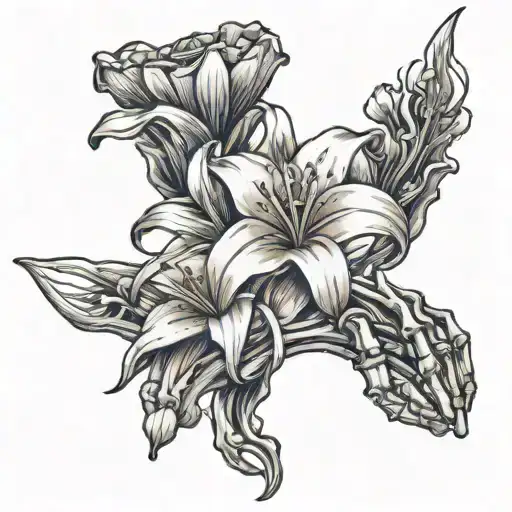 Skeleton Hand Holding Lily Flower