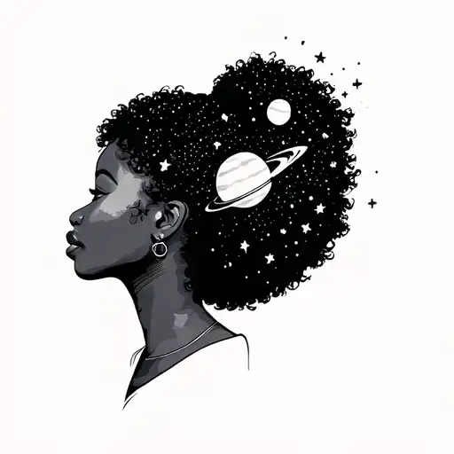African American With An Afro Woman Profile With Stars And Planets In Her Hair