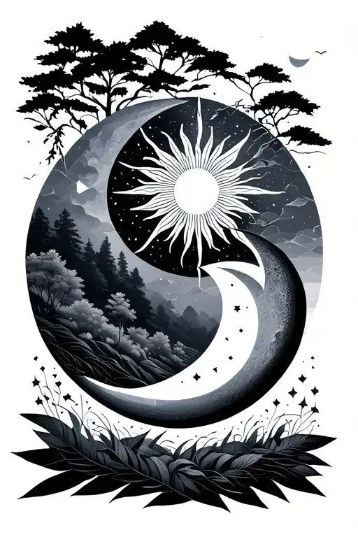 Geometric Design Featuring Nature With Sun And Moon Representing Dark And Light
