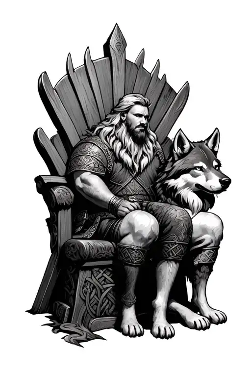 Viking Sitting On Celtic Throne With Wolf At Its Side