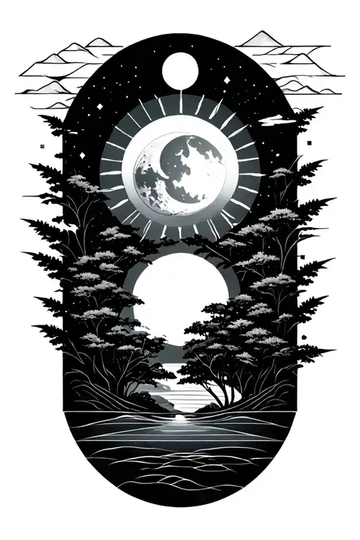 Geometric Design Featuring Nature With Sun And Moon Representing Dark And Light