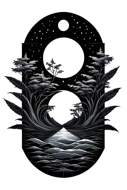 Geometric Design Featuring Nature With Sun And Moon Representing Dark And Light