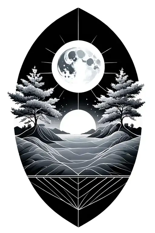 Geometric Design Featuring Nature With Sun And Moon Representing Dark And Light
