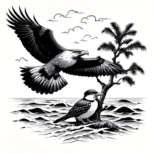 Sea Eagle Flying Above Ocean And A Kookaburra Sitting In Tree On Beach