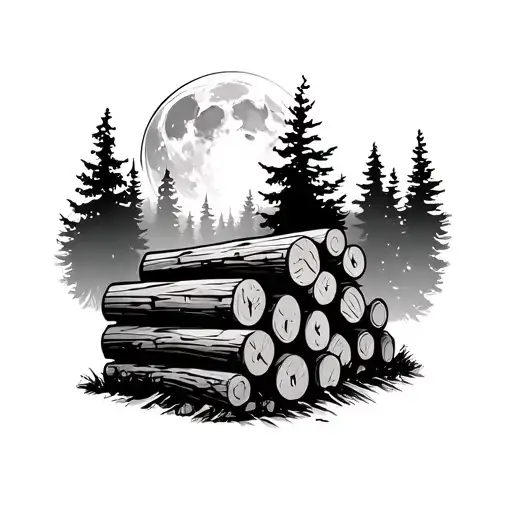 Lumber Jack Stacked Lumber Pile In Forest Scene With Moon Overhead