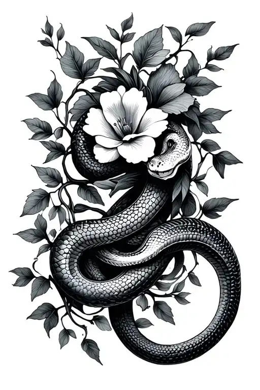 Flowers And Snake Intertwined With Vines Growing