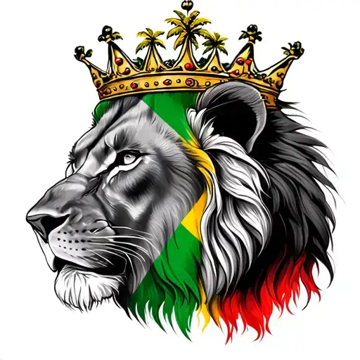 Lion With A Crown On Its Head Small Trees In The Background Colors From The Jamaican Flag
