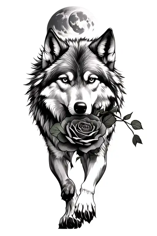Wolf Walking With Wilted Rose In Mouth With Moon At Top