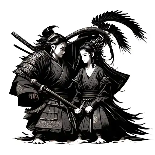 Samurai Protecting A Mother And Daughter