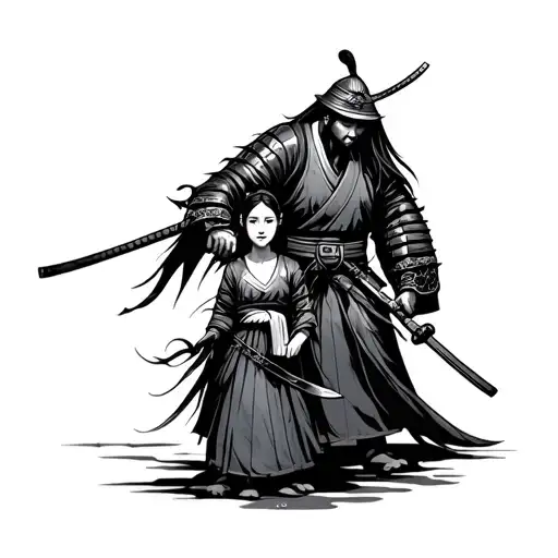 Samurai Protecting A Mother And Daughter