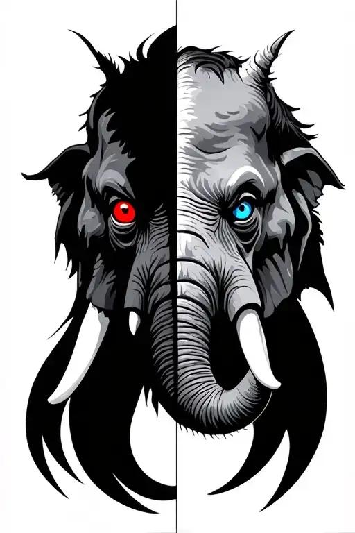 Elephant Face One Portrait Half Face Evil With Red Eye And Other Nice With Blue Eye